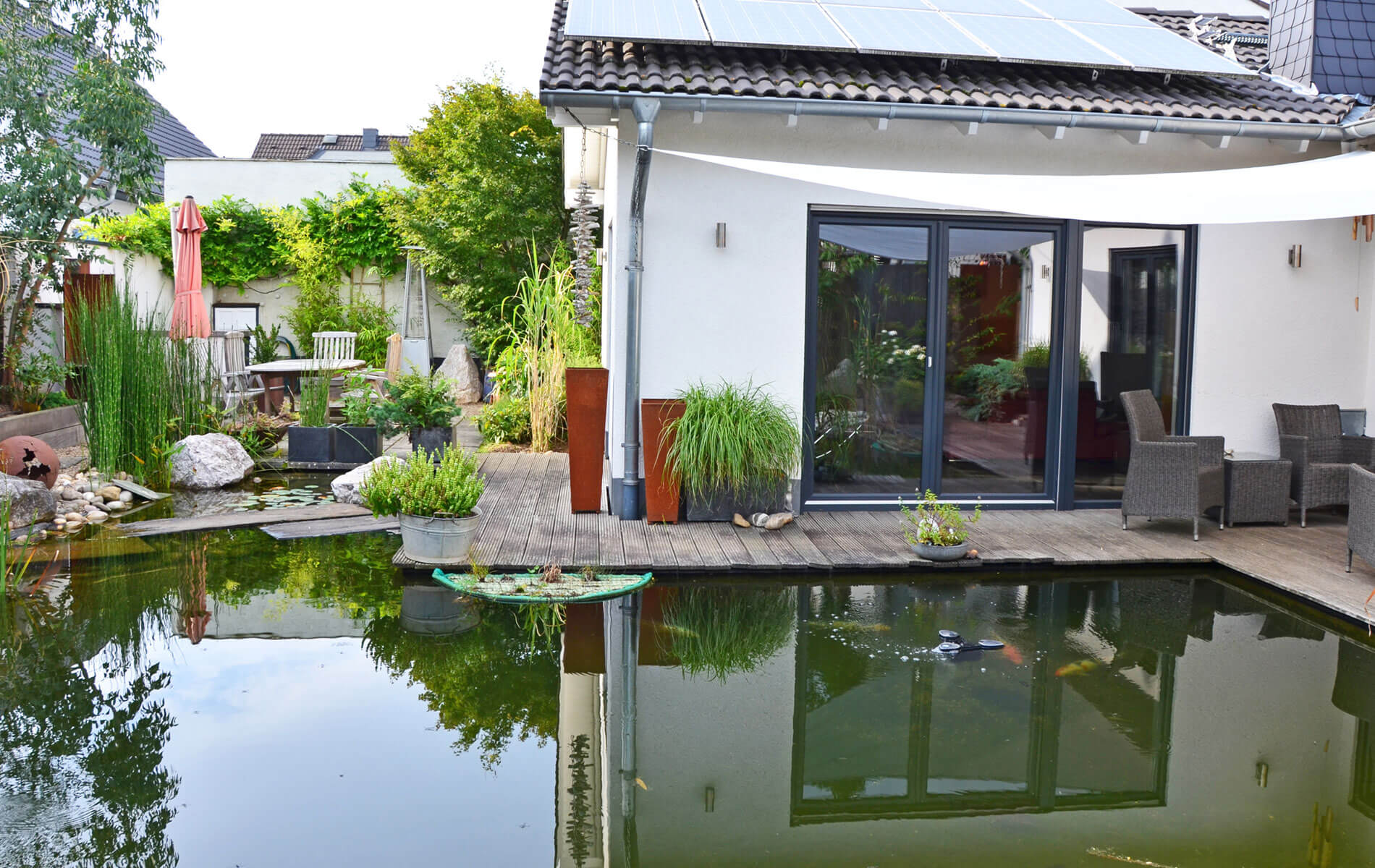 Ein Wassergarten mit Holzterrasse statt Rasen vor einem Einfamilienhaus in Köln.