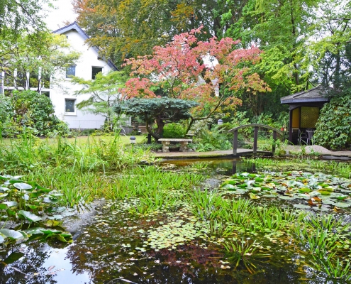 Über Jahrzehnte gewachsener natürlicher Garten, ein Bullerbügarten, mit Gartenteich, Seerosen, einer kleinen Brücke und schön beschnittenen Bäumen vor einem Haus.